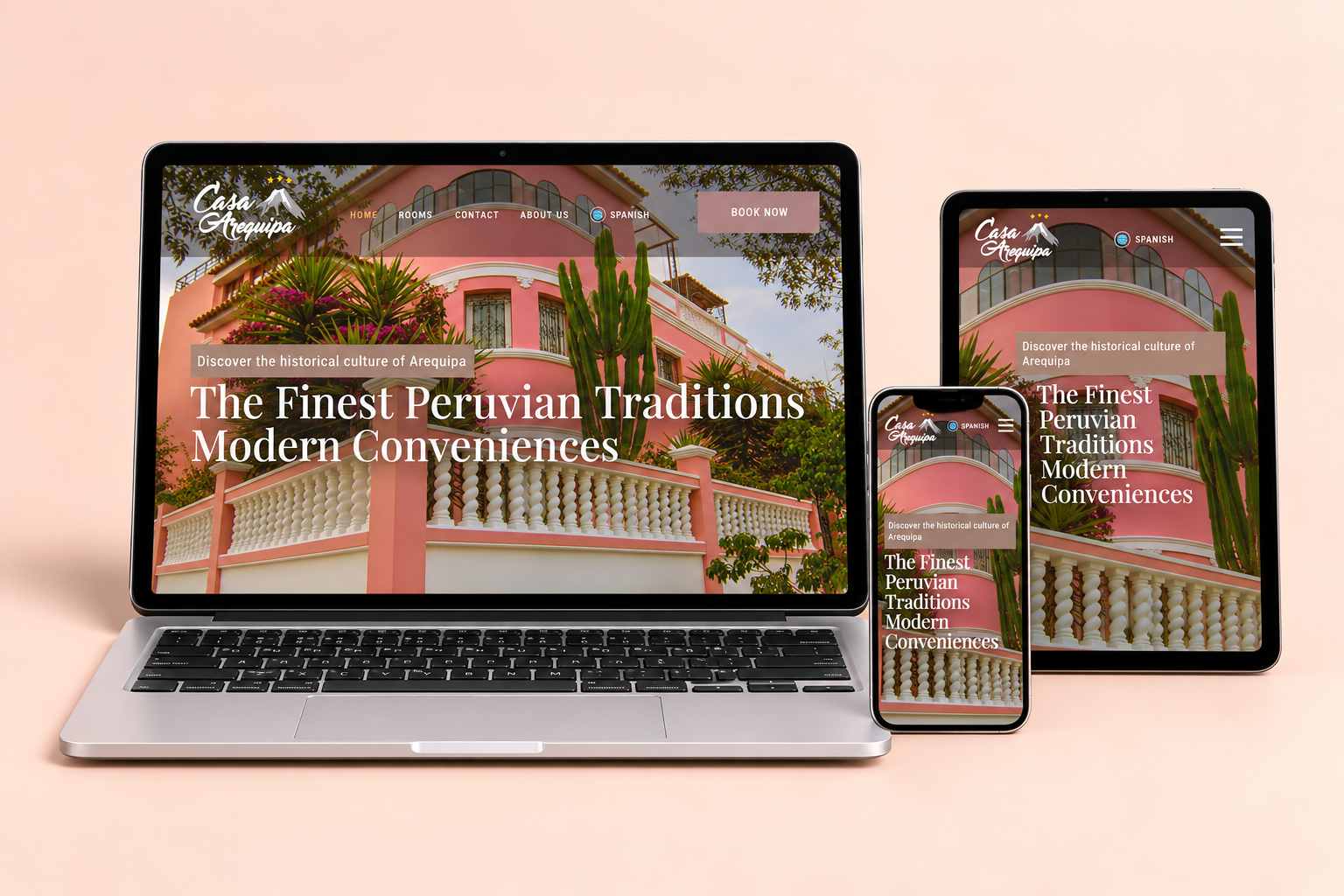 Diseño web de Casa Arequipa Hotel Boutique en laptop, tablet y celular