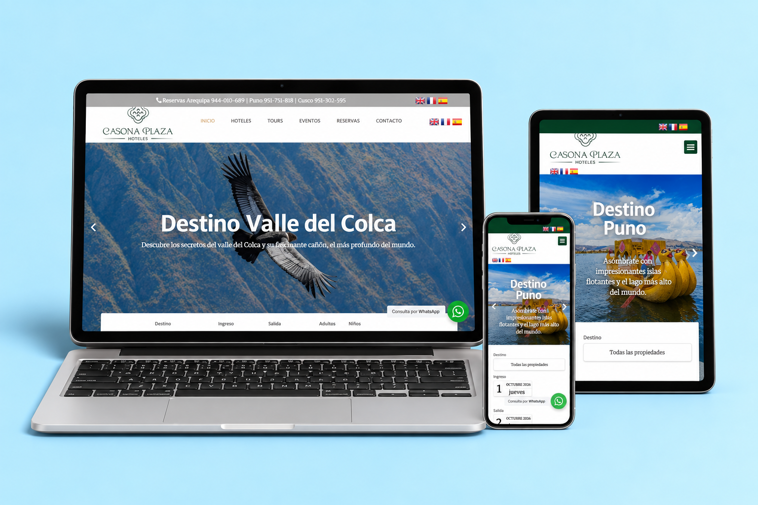 Diseño web de Casona Plaza Hoteles en laptop, tablet y celular