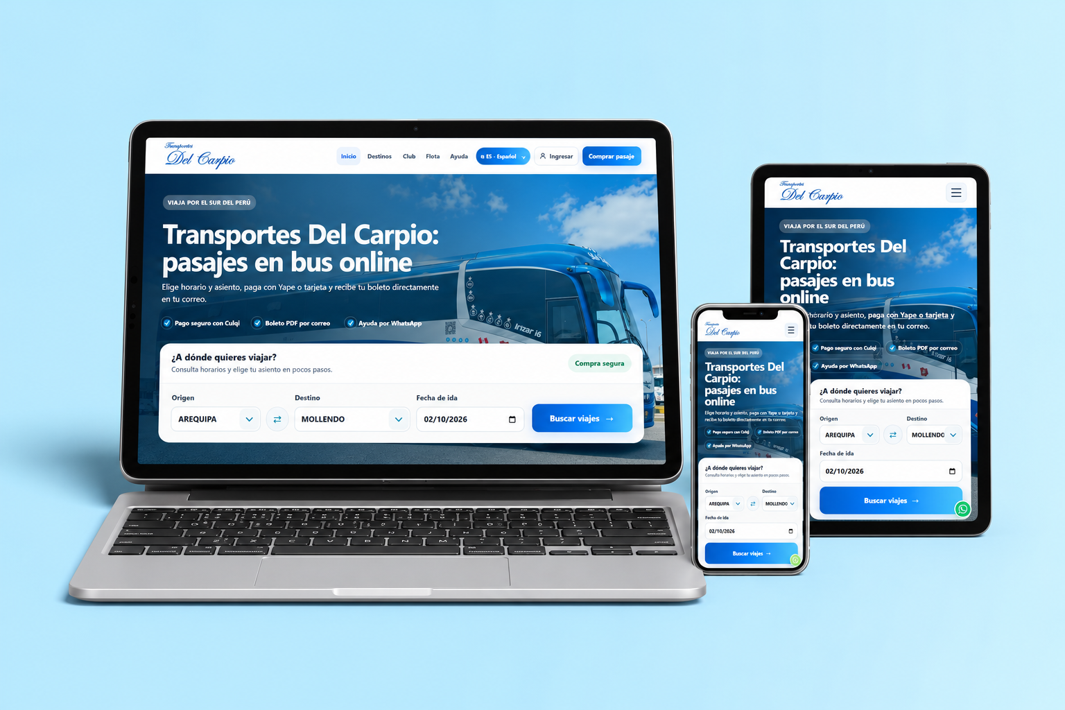 Mockup de diseño web de Transportes Del Carpio en laptop, tablet y celular