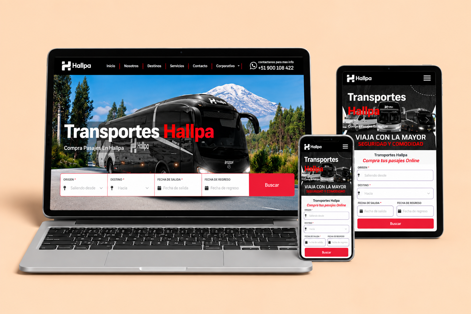 Mockup de diseño web de Transportes Hallpa en laptop, tablet y celular