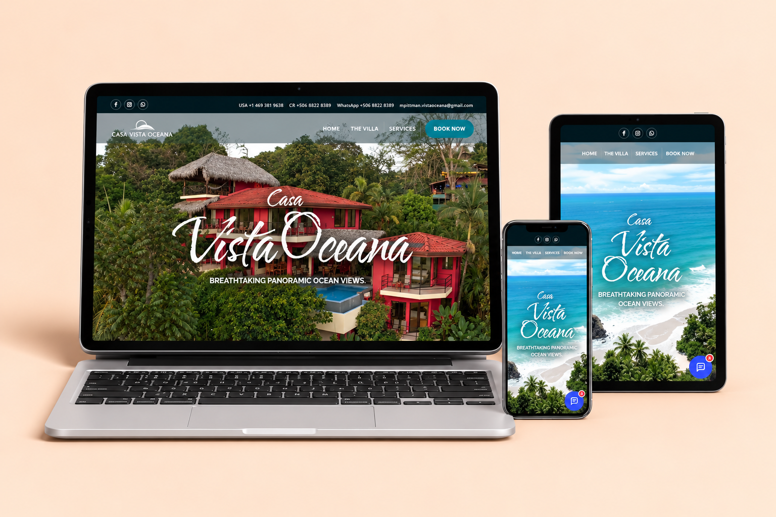 Mockup de diseño web de Casa Vista Oceana en laptop, tablet y celular